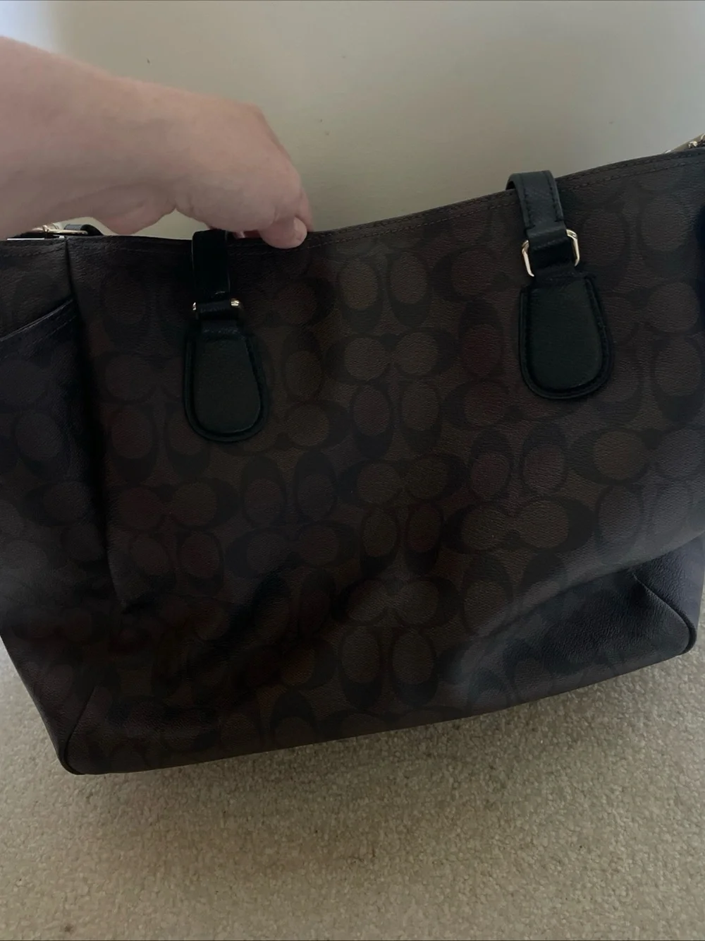 Coach Dark Brown Signature Tote with Black Leather Straps